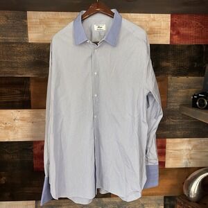 Brioni Neiman Marcus Dress Shirt 18 L Blue Striped Made In Italy Mens